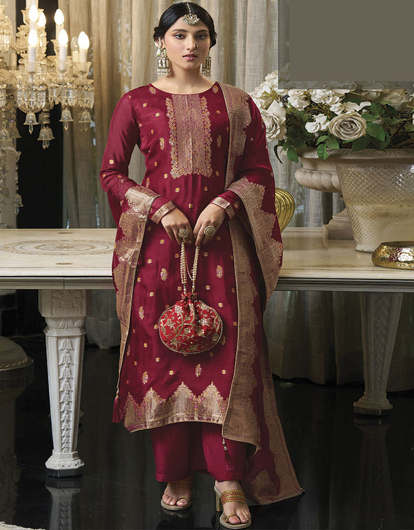 Trendy Traditional Party Wear Salwar Suit Maroon Viscose Silk Pant Straight Front View