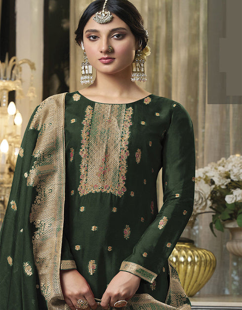Trendy Traditional Party Wear Salwar Suit Green Viscose Silk Pant Straight Close-up View
