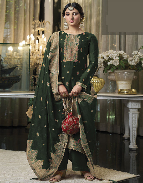 Trendy Traditional Party Wear Salwar Suit Green Viscose Silk Pant Straight Front View