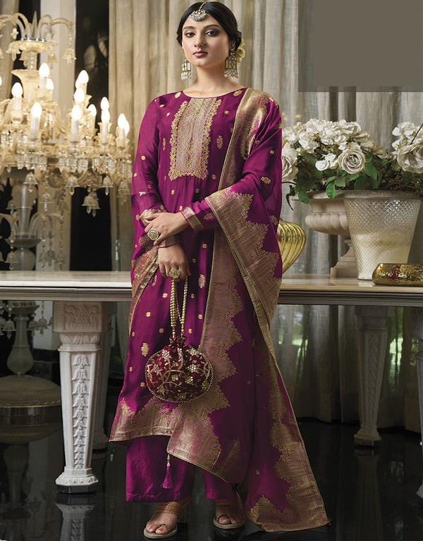 Trendy Traditional Party Wear Salwar Suit Purple Viscose Silk Pant Straight Front View
