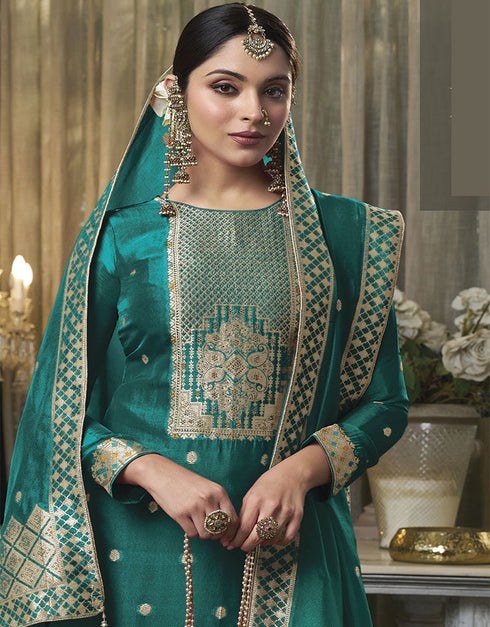 Trendy Traditional Party Wear Salwar Suit Rama Viscose Silk Pant Straight Close-up View