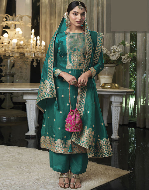 Trendy Traditional Party Wear Salwar Suit Rama Viscose Silk Pant Straight Front View