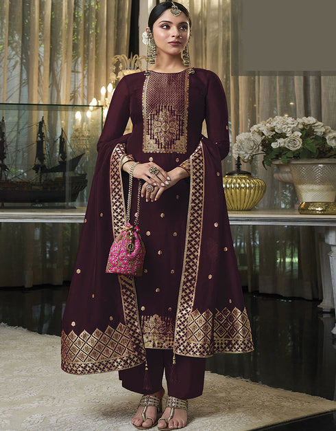 Trendy Traditional Party Wear Salwar Suit Wine Viscose Silk Pant Straight Front View