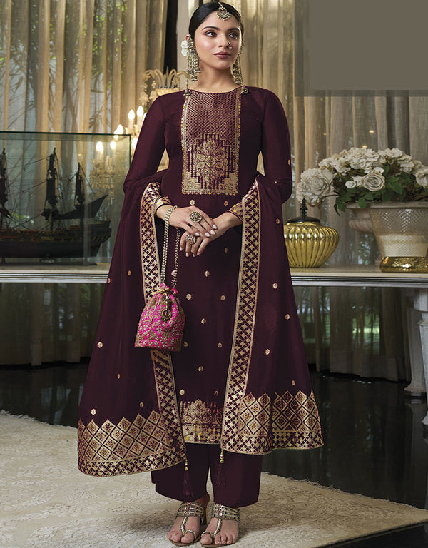 Trendy Traditional Party Wear Salwar Suit Wine Viscose Silk Pant Straight Front View