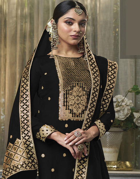 Trendy Traditional Party Wear Salwar Suit Black Viscose Silk Pant Straight Close-up View