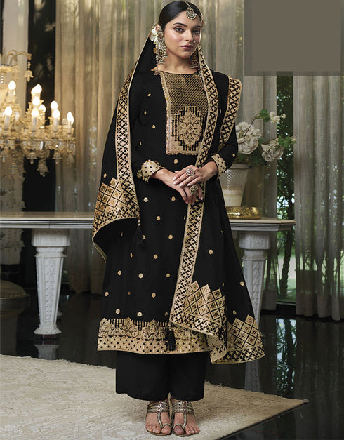 Trendy Traditional Party Wear Salwar Suit Black Viscose Silk Pant Straight Front View