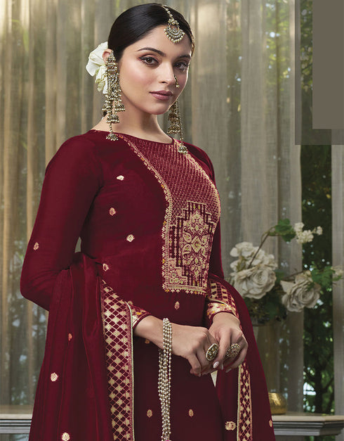 Trendy Traditional Party Wear Salwar Suit Maroon Viscose Silk Pant Straight Close-up View
