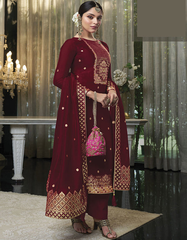 Trendy Traditional Party Wear Salwar Suit Maroon Viscose Silk Pant Straight Front View