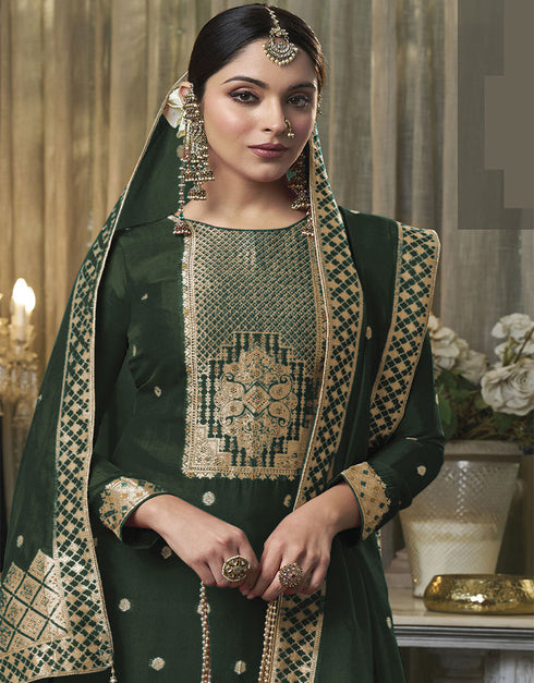 Trendy Traditional Party Wear Salwar Suit Green Viscose Silk Pant Straight Close-up View