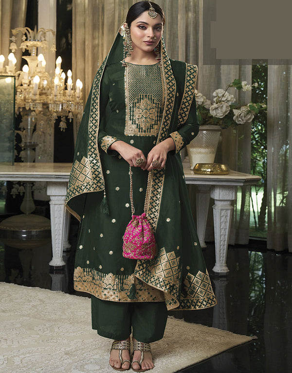 Trendy Traditional Party Wear Salwar Suit Green Viscose Silk Pant Straight Front View