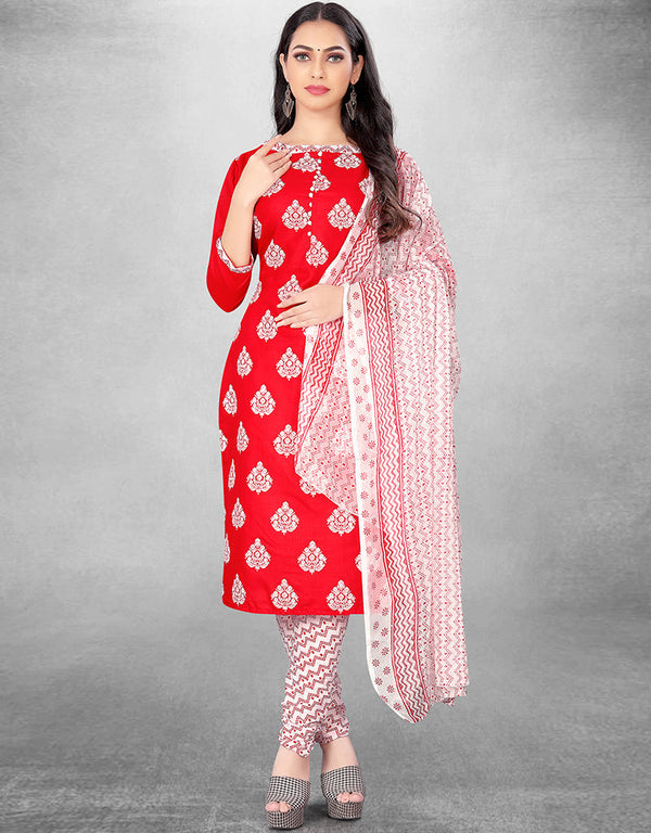 Trendy Traditional Party Wear Salwar Suit Red Cotton Slab Pant Straight Front View
