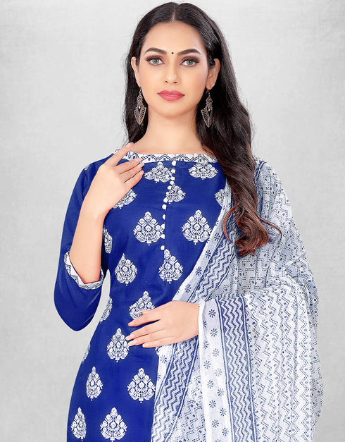 Trendy Traditional Party Wear Salwar Suit Blue Cotton Slab Pant Straight Back View