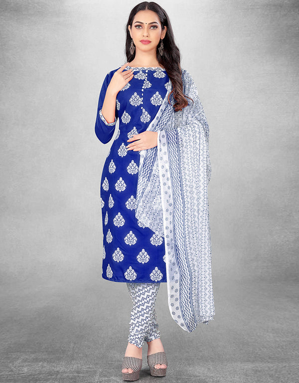 Trendy Traditional Party Wear Salwar Suit Blue Cotton Slab Pant Straight Front View