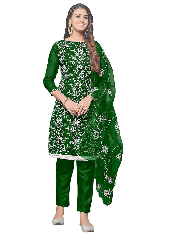 Trendy Designer Party Wear Salwar Suit Green Organza Pant Straight Front View