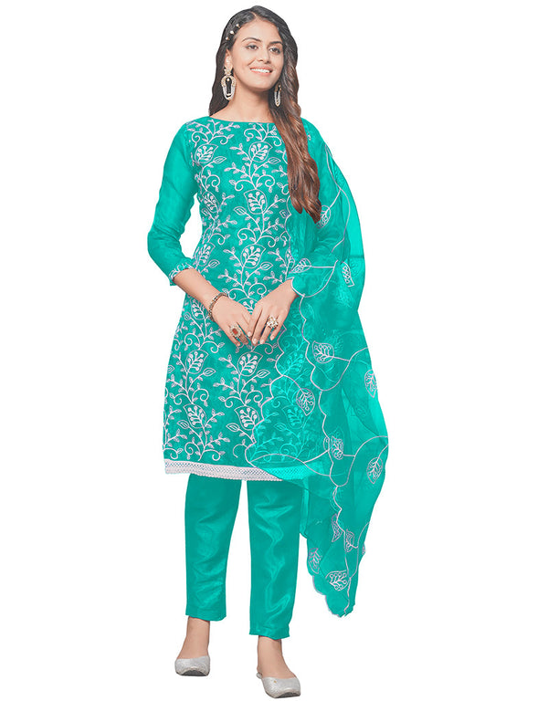 Trendy Designer Party Wear Salwar Suit Sea Green Organza Pant Straight Front View