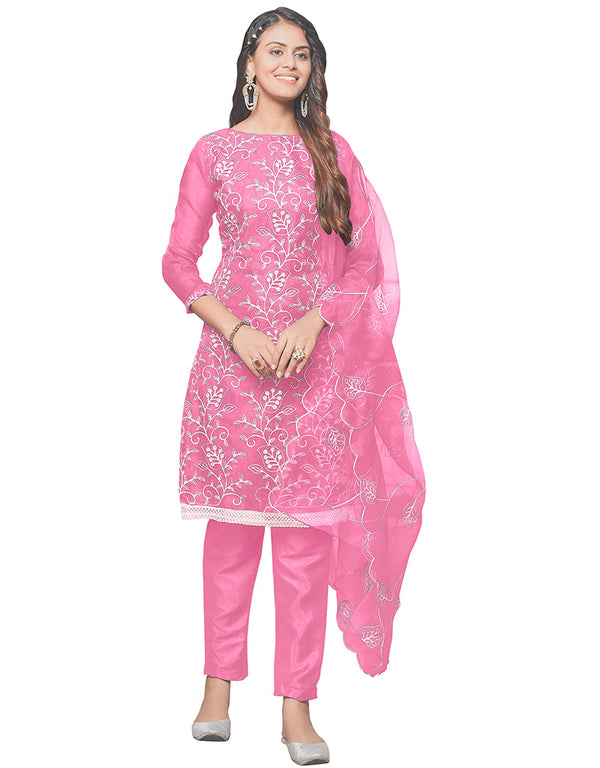 Trendy Designer Party Wear Salwar Suit Pink Organza Pant Straight Front View