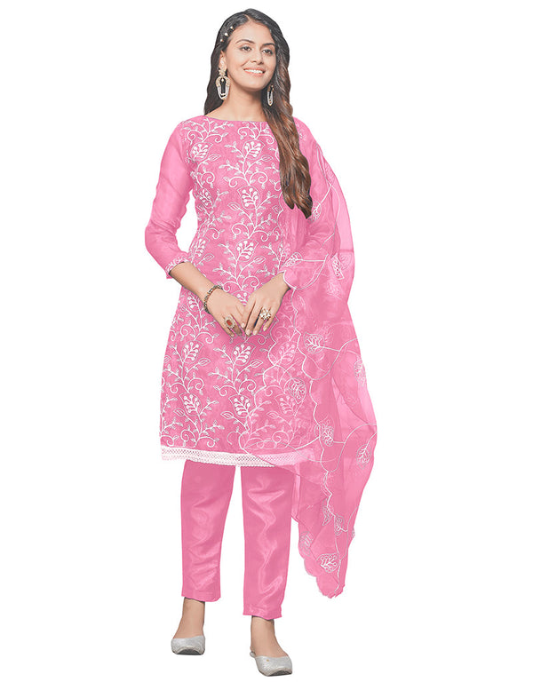 Trendy Designer Party Wear Salwar Suit Baby Pink Organza Pant Straight Front View