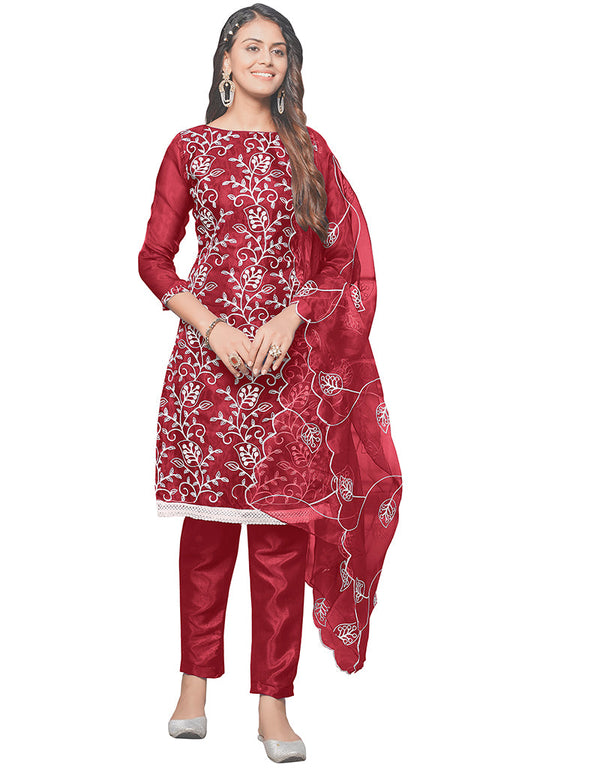 Trendy Designer Party Wear Salwar Suit Maroon Organza Pant Straight Front View