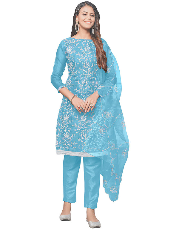 Trendy Designer Party Wear Salwar Suit Sky Blue Organza Pant Straight Front View