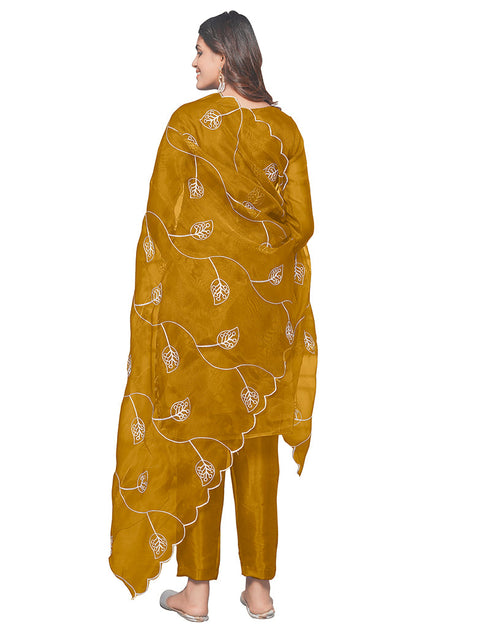 Trendy Designer Party Wear Salwar Suit Mustard Organza Pant Straight Close-up View