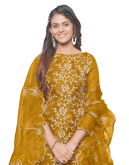 Trendy Designer Party Wear Salwar Suit Mustard Organza Pant Straight Back View