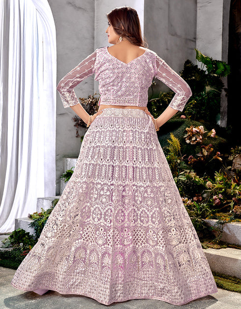 Designer Traditional Wedding Wear Lehenga Choli Purple Net Lehenga Choli Close-up View