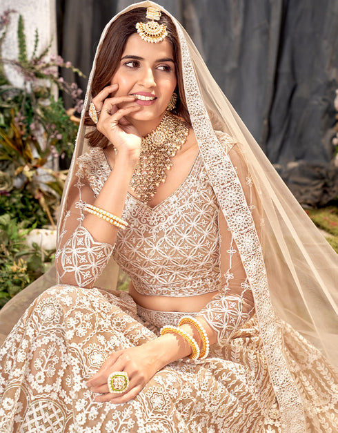 Designer Traditional Wedding Wear Lehenga Choli Beige Net Lehenga Choli Back View