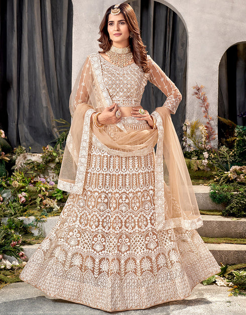 Designer Traditional Wedding Wear Lehenga Choli Beige Net Lehenga Choli Front View