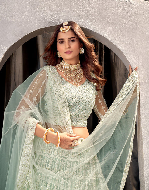 Designer Traditional Wedding Wear Lehenga Choli Pista Net Lehenga Choli Back View