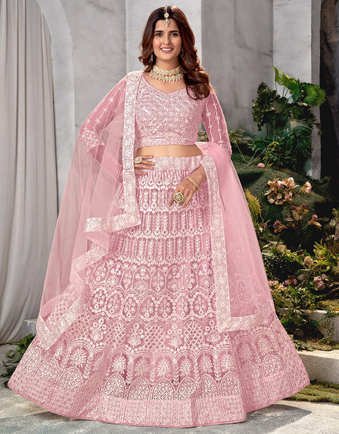 Designer Traditional Wedding Wear Lehenga Choli Pink Net Lehenga Choli Front View