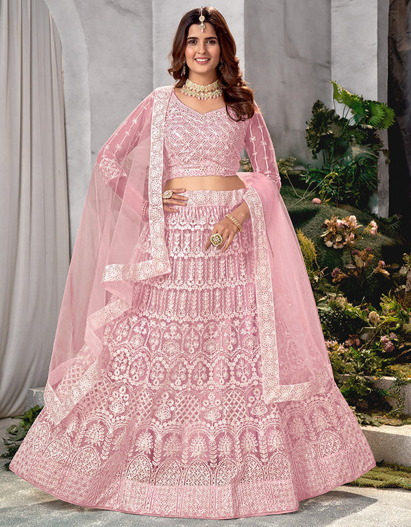 Designer Traditional Wedding Wear Lehenga Choli Pink Net Lehenga Choli Front View