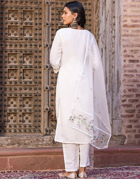 Trendy Designer Party Wear Readymade Salwar Suit White Viscose Chanderi Pant Straight Close-up View