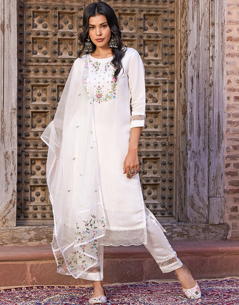 Trendy Designer Party Wear Readymade Salwar Suit White Viscose Chanderi Pant Straight Front View
