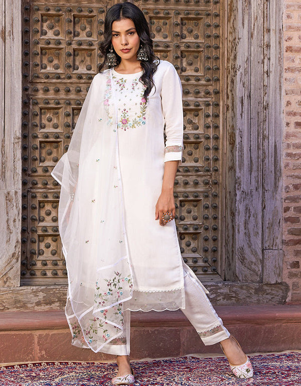 Trendy Designer Party Wear Readymade Salwar Suit White Viscose Chanderi Pant Straight Front View