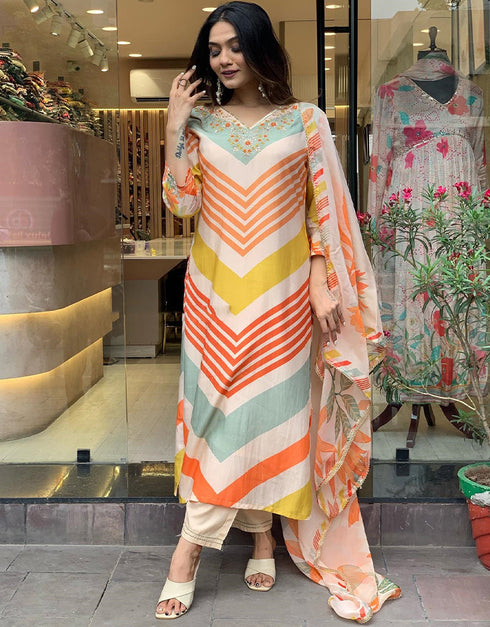 Trendy Designer Party Wear Readymade Salwar Suit Orange Muslin Pant Straight Close-up View