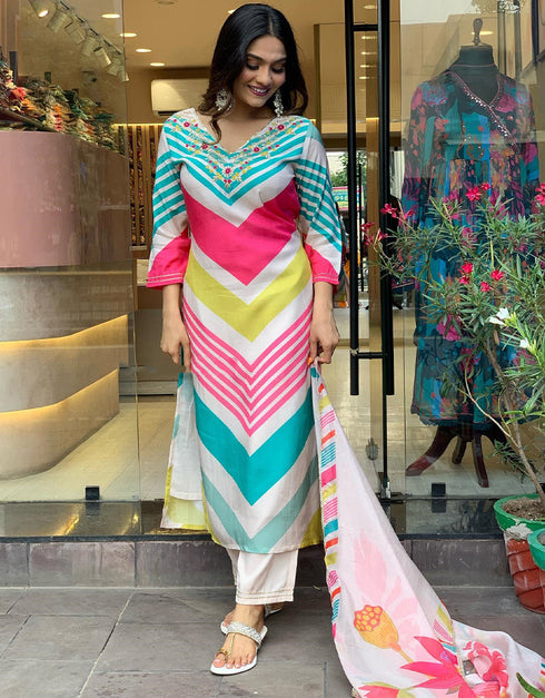 Trendy Designer Party Wear Readymade Salwar Suit Pink Viscose Muslin Pant Straight Close-up View