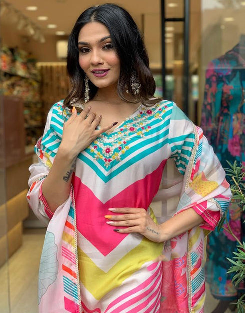 Trendy Designer Party Wear Readymade Salwar Suit Pink Viscose Muslin Pant Straight Back View