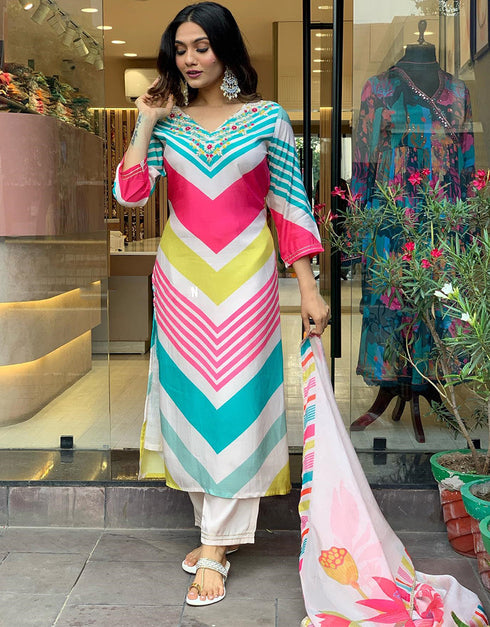 Trendy Designer Party Wear Readymade Salwar Suit Pink Viscose Muslin Pant Straight Front View