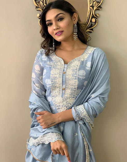Trendy Designer Party Wear Readymade Salwar Suit Blue Viscose Muslin Pant Straight Close-up View