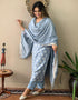 Trendy Designer Party Wear Readymade Salwar Suit Blue Viscose Muslin Pant Straight Back View