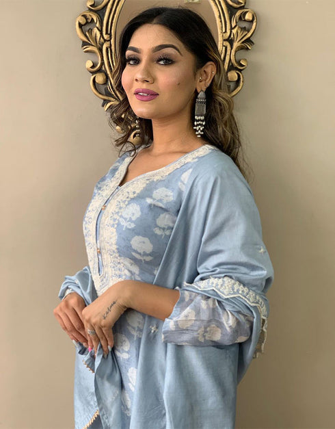 Trendy Designer Party Wear Readymade Salwar Suit Blue Viscose Muslin Pant Straight Side View
