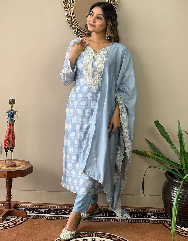 Trendy Designer Party Wear Readymade Salwar Suit Blue Viscose Muslin Pant Straight Front View