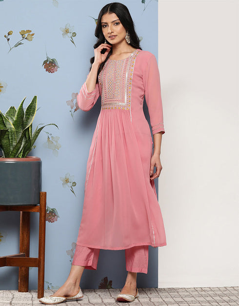Trendy Designer Party Wear Readymade Salwar Suit Pink Georgette Pant Straight Back View