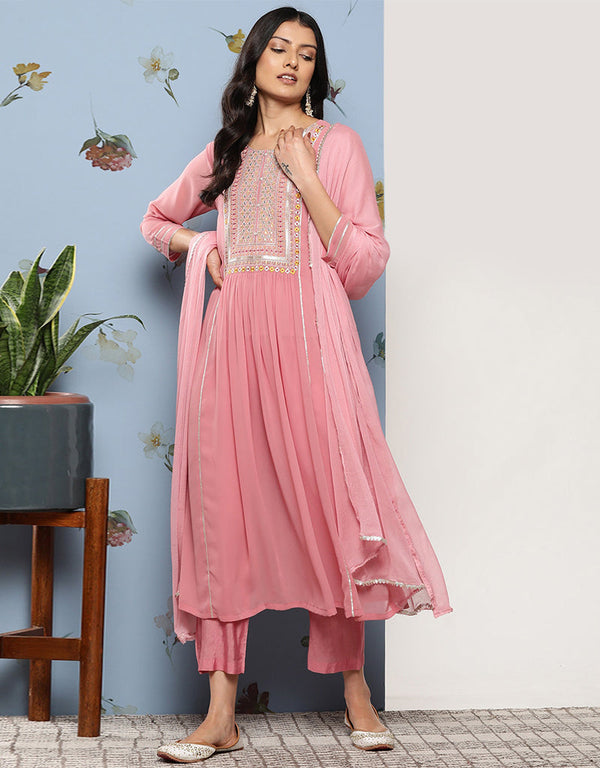 Trendy Designer Party Wear Readymade Salwar Suit Pink Georgette Pant Straight Front View