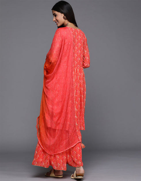 Trendy Designer Party Wear Readymade Salwar Suit Red Georgette Palazzo Straight Close-up View