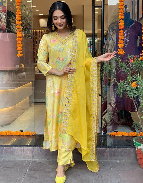 Trendy Designer Party Wear Readymade Salwar Suit Yellow Viscose Muslin Pant Straight Front View