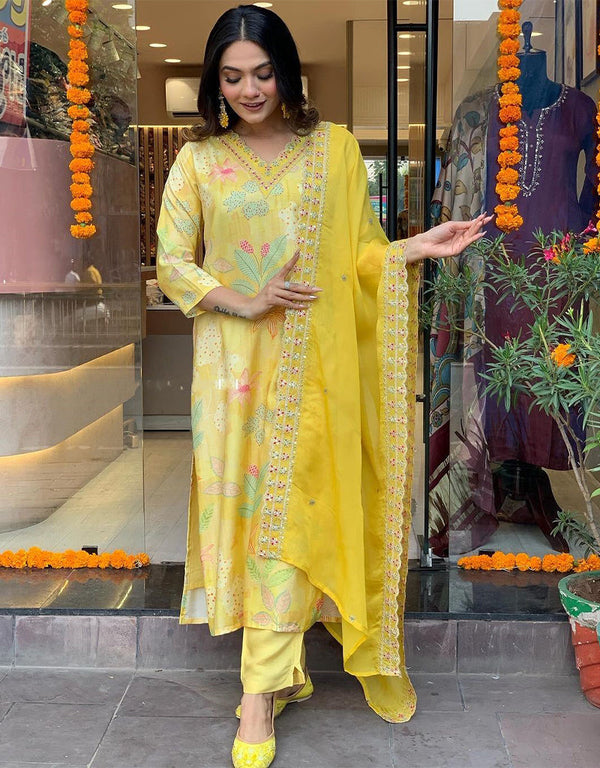 Trendy Designer Party Wear Readymade Salwar Suit Yellow Viscose Muslin Pant Straight Front View