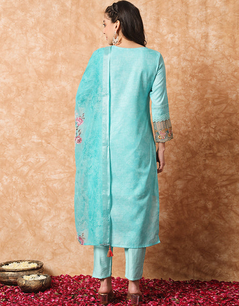 Trendy Designer Party Wear Readymade Salwar Suit Sky Blue Linen Cotton Pant Straight Close-up View