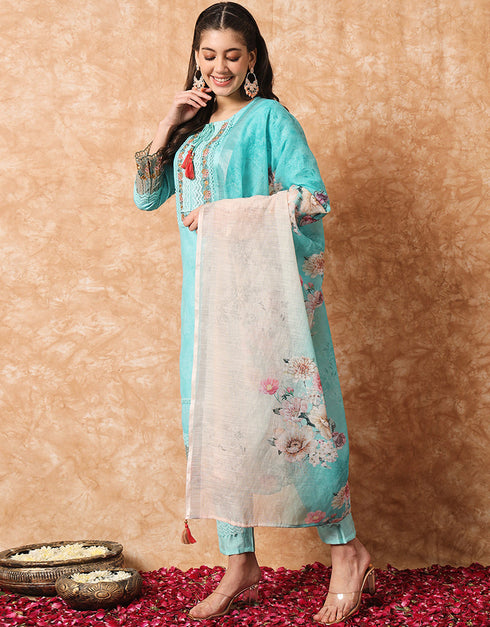 Trendy Designer Party Wear Readymade Salwar Suit Sky Blue Linen Cotton Pant Straight Side View