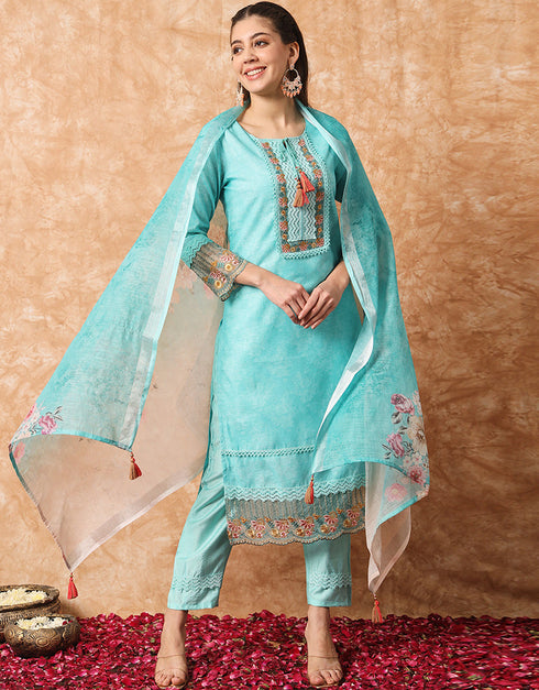 Trendy Designer Party Wear Readymade Salwar Suit Sky Blue Linen Cotton Pant Straight Front View